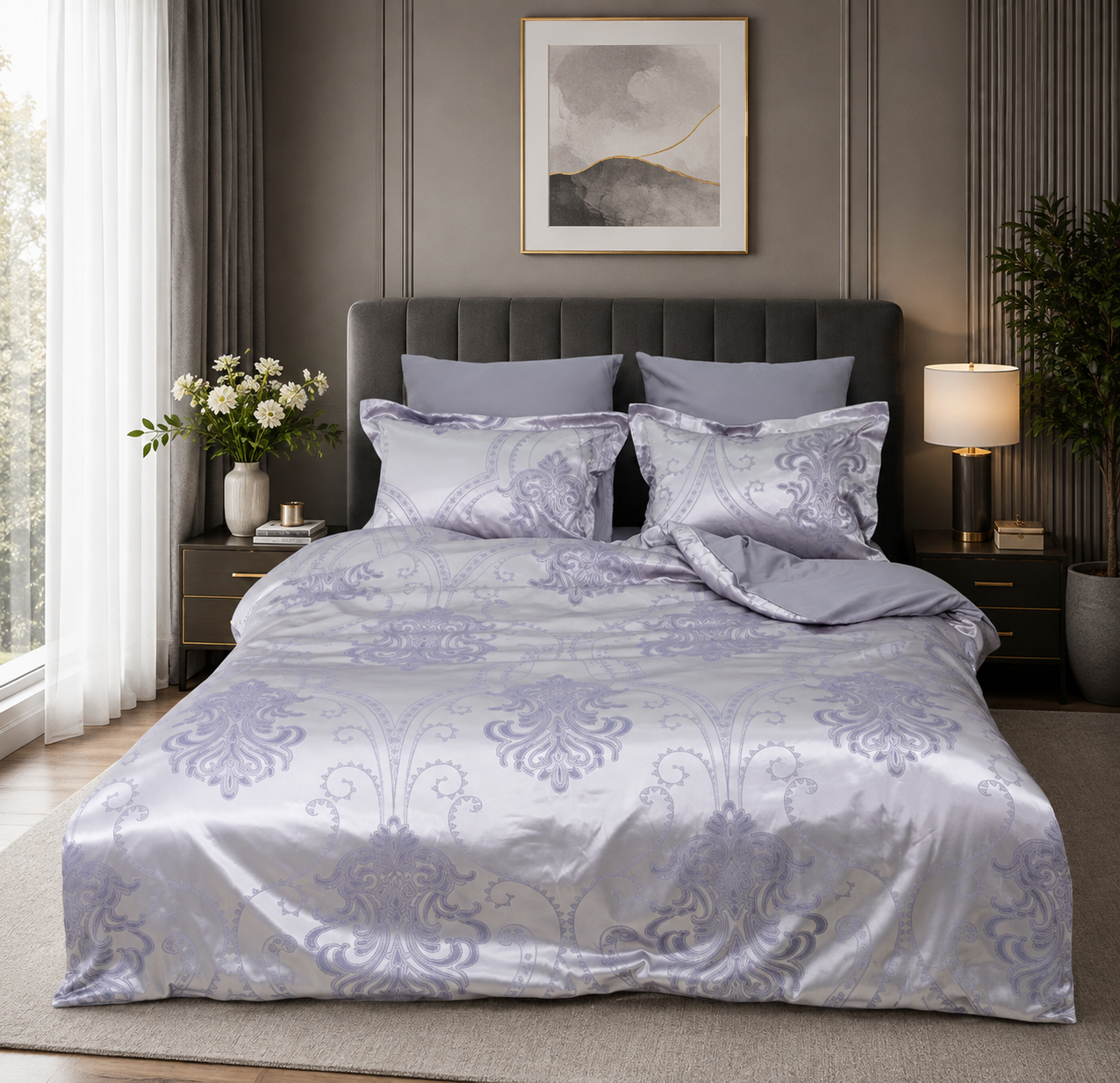 Satin Jacquard Bedding Set Silver Royale