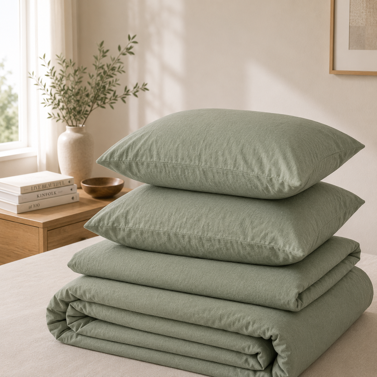Washed Cotton Bedding Set - Olive Mist
