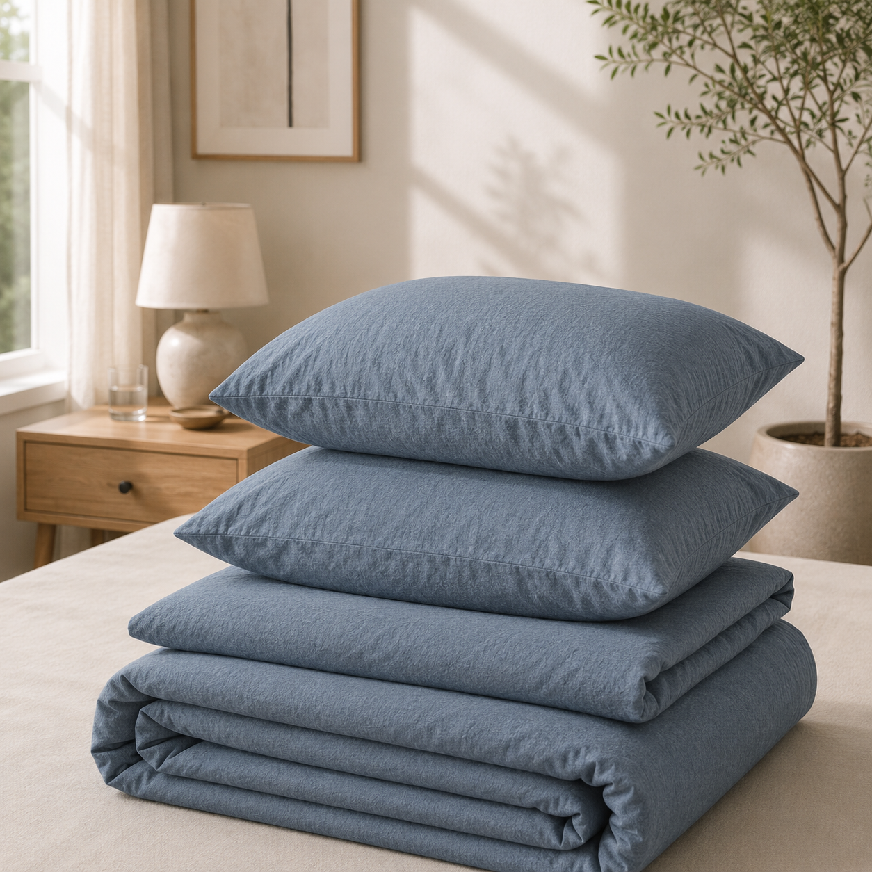Washed Cotton Bedding Set - Blue Slate