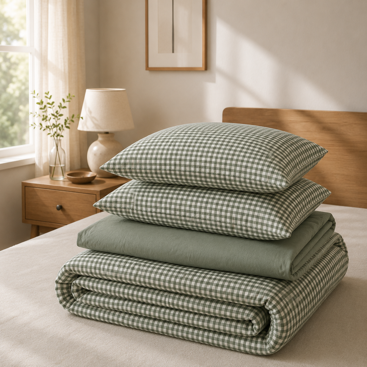 Washed Cotton Bedding Set - Forest Gingham